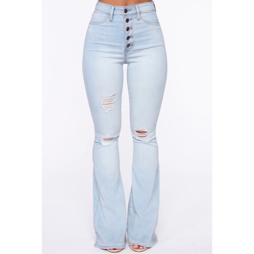 Fashion Nova Not So Common Distressed Flare Jean- Light Wash